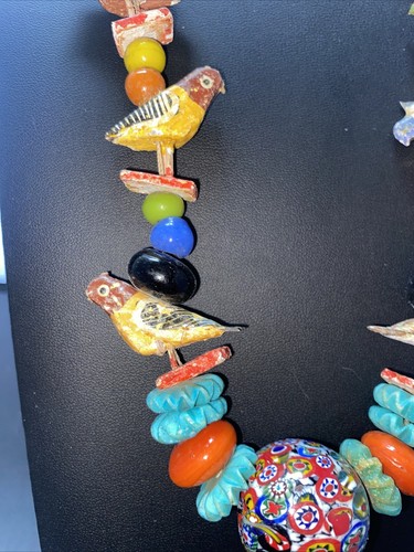 Vintage Millefiori Glass Bead Wood Bird Fetish Necklace  - Picture 4 of 8