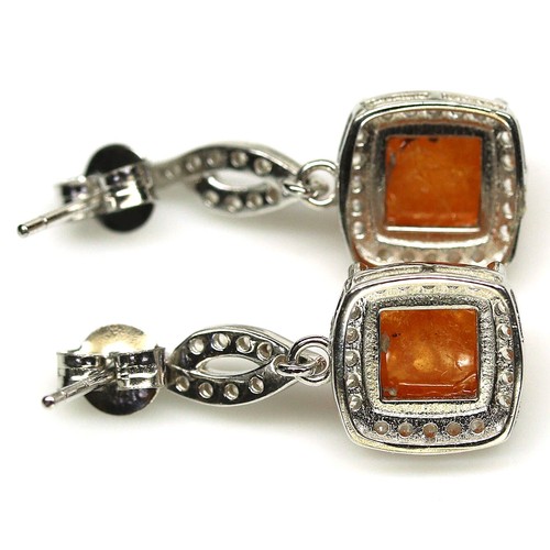 925 Sterling Silver 8 x 8 mm. Orange Spessatite Garnet & Zircon Earrings - Picture 3 of 4