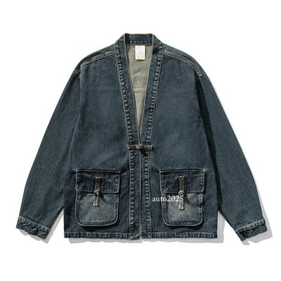 Mens Retro Denim Button Loose Coat Chinese Style Tang Zhuang Jean Jackets Casual