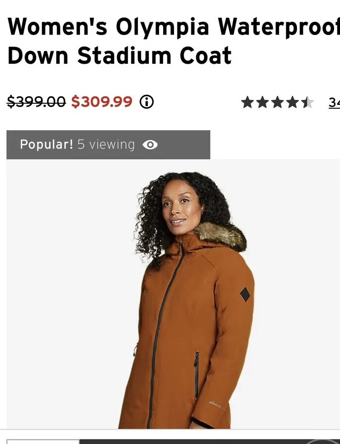 Eddie Bauer Olympia Waterproof Down Stadium Coat- Small -Rust Color $399 Retail