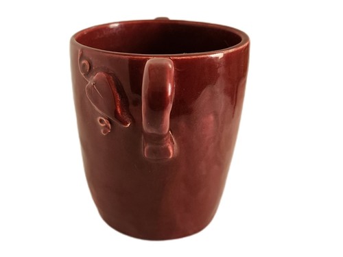 Studio Art Pottery Mug Coffee Cup Red Raised Leafs Two Handled Signed Muriel - Picture 16 of 16