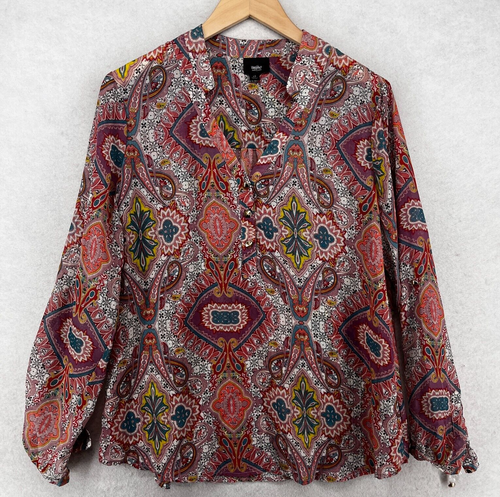 MOSSIMO Top Women L Boho Floral Paisley V-Neck Popover Long Sleeve Red NEW