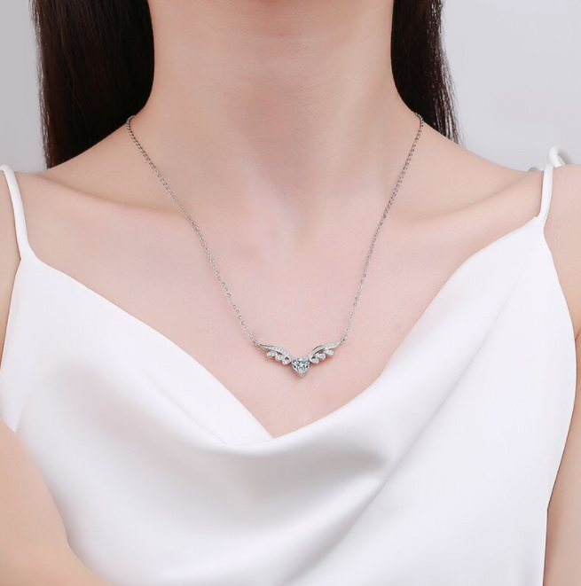 Silver Titanium Flower Love Pink Heart Angle Wing Pave CZ Pendant