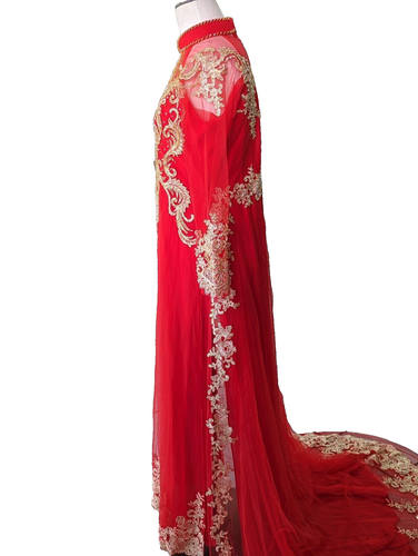 RED 3 Layers Bridal Ao Dai w/ Train + Pants; Size S-5XL UNIQUE Gold Decorations - Picture 4 of 11