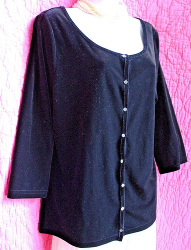 EDDIE BAUER NWOT Black Velvet Top Sz Tall L Scoop Neck 3/4 Sleeve Buttons Up   - Picture 2 of 4