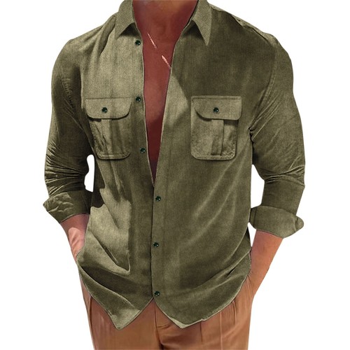 Men Cotton Corduroy Shirt Casual Button Down Long Sleeve Shirt with Flap Pockets - Bild 7 von 42