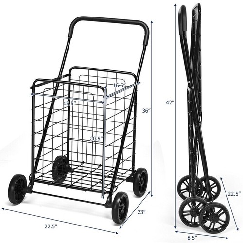 Folding Shopping Cart Utility Trolley Portable Grocery Rustproof W/ Large Wheels - Picture 2 of 9