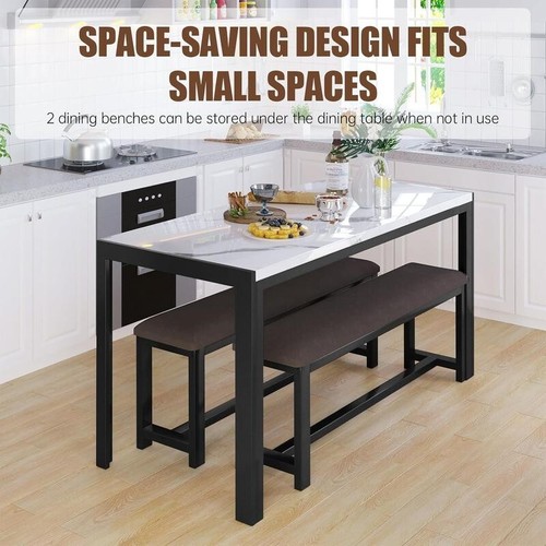 Faux Marble Dining Table Set with 2 Benches – Space Saving, 4 Seater - Picture 9 of 10