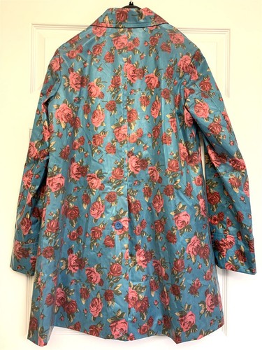 Betsey Johnson Pink Roses Floral Blue Rain Trench Coat Size Large - Unused - Picture 3 of 6