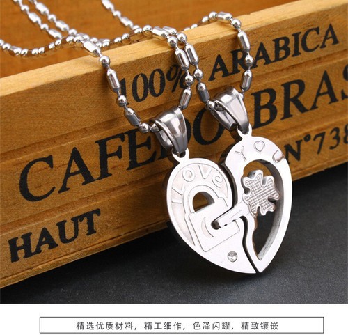 Collarbone Key Heart Shaped Pendant Puzzle Stainless Steel Couple Necklace Chain - Picture 8 of 12