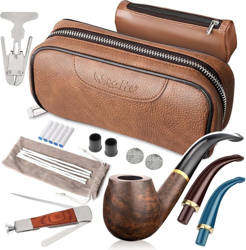 Handmade Pipe Set, Leather Pipe Pouch, Wood Pipe and Accessories Scraper/Stan... - Picture 2 of 8