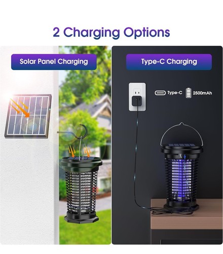 Solar Bug Zapper for Outdoor & Indoor, USB Rechargeable Mosquito Killer Lamp wit - Picture 4 of 9