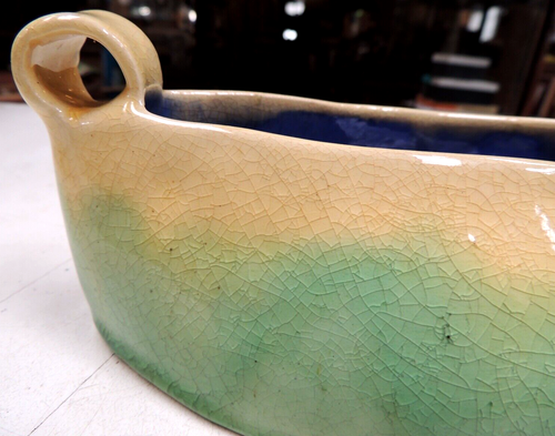 Glazed 1941 Vintage Twin Handle Boat Flower Vase, Cream & Green colour - Picture 8 of 11