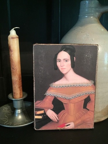 Handmade Primitive Woman Gold Dress w Books Folk Art Print on Canvas Board 5x7"  - Picture 2 of 4