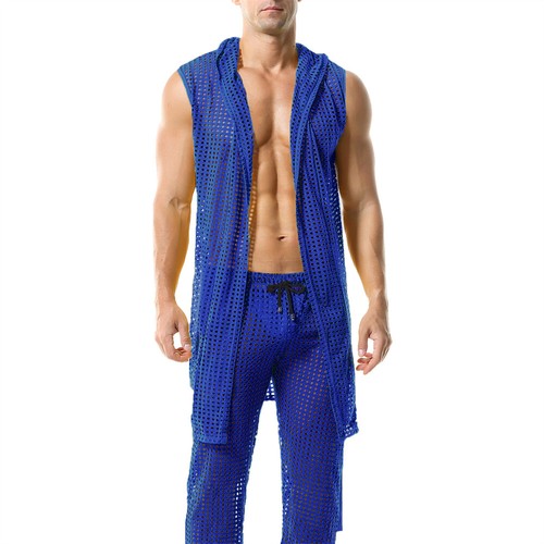Mens Fishnet Kimono Robes Sleepwear Hollow Out Hooded Pajamas Bathrobe With Belt - Picture 67 of 86