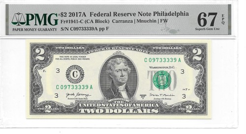 2017A $2 FRN Philadelphia (CA Block) PMG 67 EPQ Superb Gem Uncirculated - Picture 13 of 14