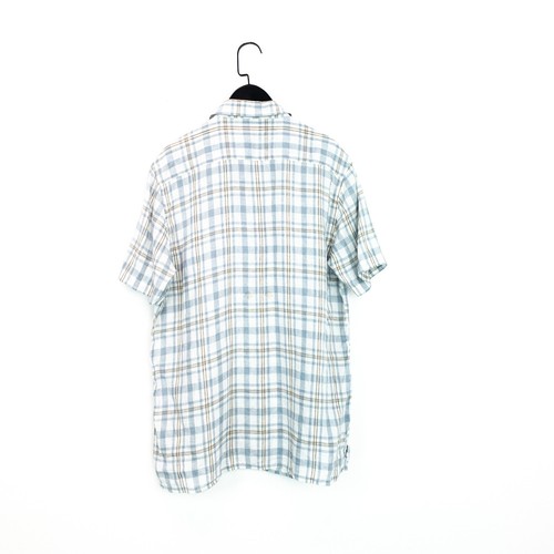 Paul Costelloe Blue White Brown Check Spread Collar Pure Linen Shirt - Size L - Picture 12 of 13