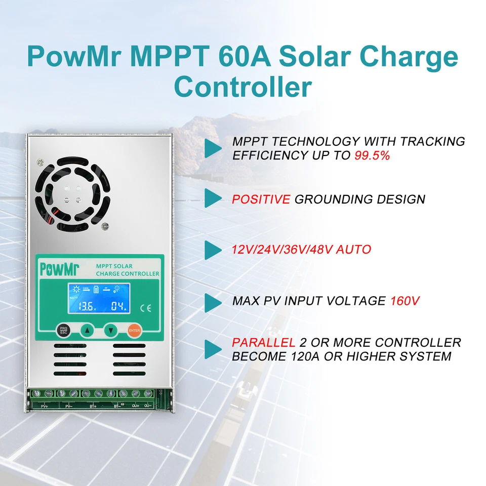Controlador de carga de batería panel solar PowMr 60A MPPT 12V/24/36/48V regulador LCD Foto 3 de 4