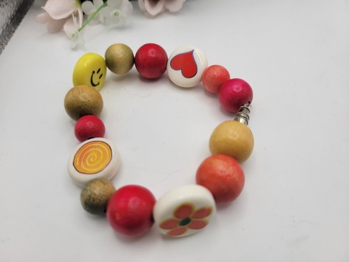 CHUNKY BOLD Bracelet Happy Face Wood Plastic Colorful Beaded Barrel Clasp Flower - Picture 8 of 11