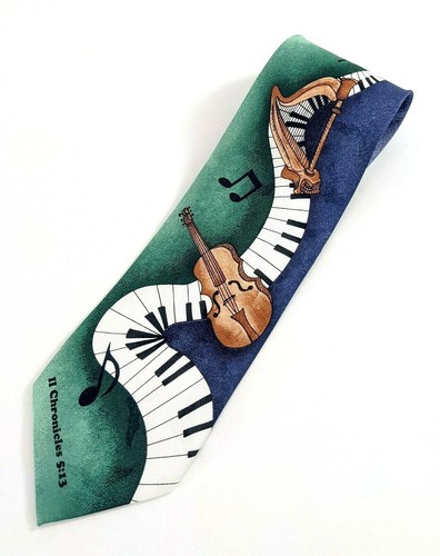 Eagles Wings Worship Music Men's Tie II Chronicles 5:13 Piano Harp Violin Blue - Picture 1 of 3