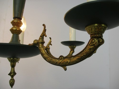 French Empire Chandelier Green Tole Brass 5 arms Hollywood Regency Toleware - Picture 5 of 8