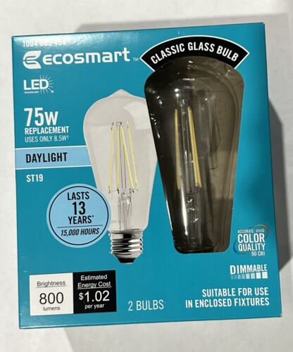 EcoSmart 75-Watt Equivalent 8.5 Watt ST19 5000K Edison Dimmable Daylight 2-Bulbs - Picture 2 of 6