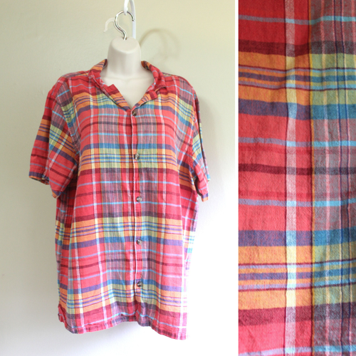 Old Navy Herren L Leinen Baumwolle Hemd rot blau gelb kariert S/Ärmel Knopfleiste - Bild 2 von 7