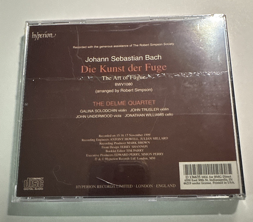 Bach-The Art Of Fugue, arr. Robert Simpson The Delme Quartet (CD, Hyperion) NEW - Imagen 2 de 3