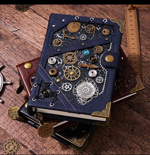 Handmade Steampunk Notebook Leather Journal with customized bookmark and stamp - Picture 17 of 20