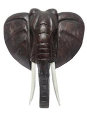 ELEPHANT HEAD HUGE 2' HAND CARVED WOODEN AFRICAN MASK TAXIDERMY SAFARI