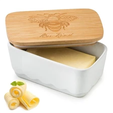 Covered Butter Dish for Countertop, Ceramic Butter Dish with Wooden Lid Airti...