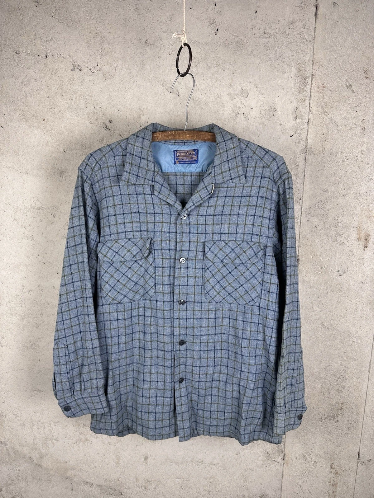 Vintage 70s/80s Pendleton Board Shirt Baby Blue Plaid Wool Shirt Men’s Medium