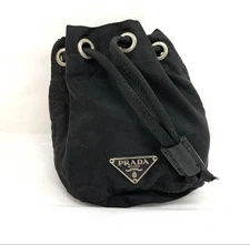 PRADA Mini Drawstring Pouch Black Triangle Logo Authentic Leather Bag