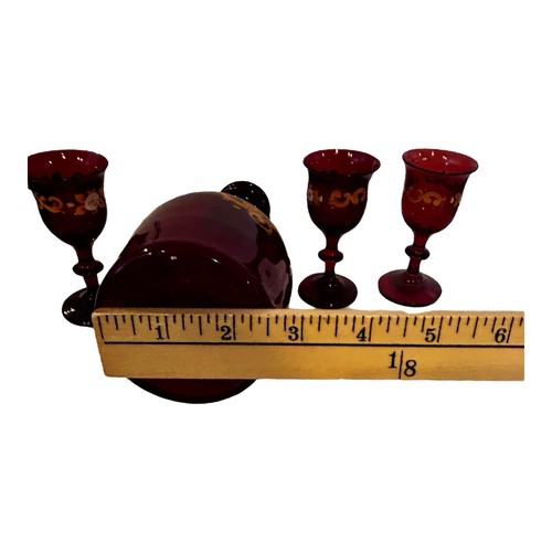 Czech or Bohemian ruby red glass decanter with stopper 3 cordial glasses - Picture 13 of 16