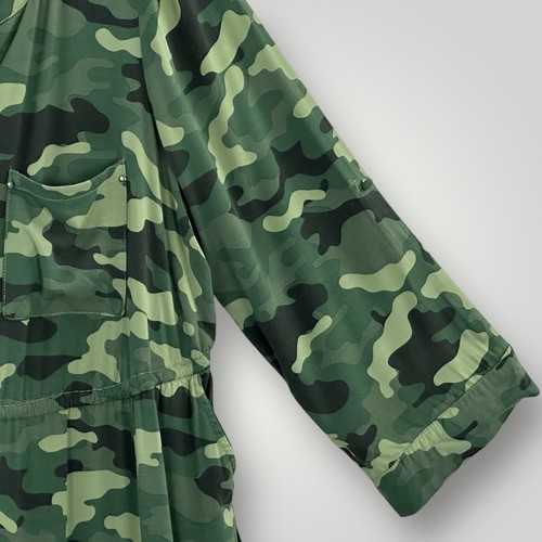 Torrid Zip Front Camo Dress Womans 2 2X Green Roll Tab Sleeves Drawstring Waist - Bild 2 von 8