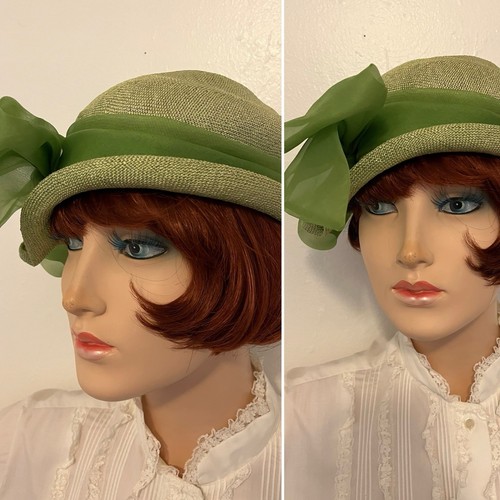 Vintage Mütze Mr John Jr. Stroh Deadstock grünes Band SAKS Frühling Ostern