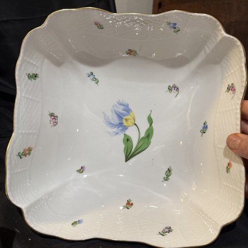 herend hungary porcelain Kitty Pattern Large 10 1/2 In Square Bowl Blue Tulip - Picture 7 of 12