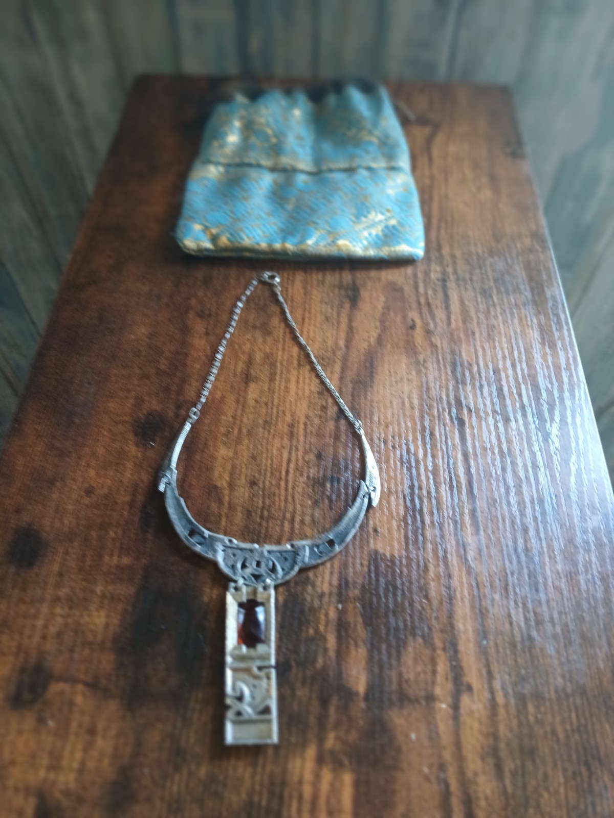 Silver Necklace with Amber Rectangle Pendant, Cab… - image 1