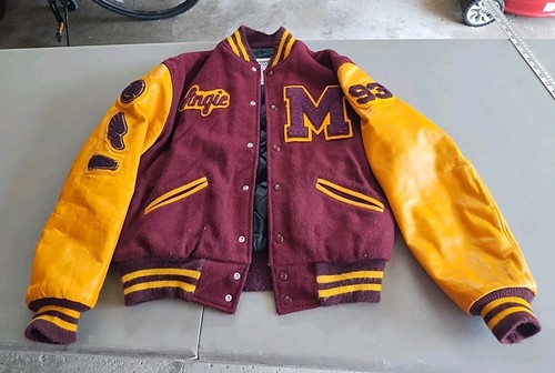 Giacca Trofeo Vintage 1993 Varsity Media Lettera Lana Pelle USA Medford MN Tigers