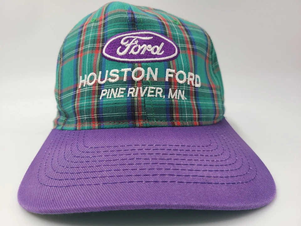 De colección Ford Houston Pine River MN Cuadros Snapback Sombrero Gorra Coche Hombres Verde Púrpura Foto 2 de 4