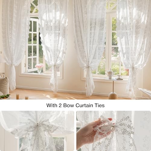 Vintage Lace Curtains 84 Inches Long 2 Panels, Romantic Semi Sheer Floral Lacy - Picture 6 of 7
