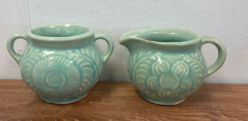 Shawnee  Pottery FLOWER & FERN Turquoise Teal CREAM & SUGAR Set U.S.A.