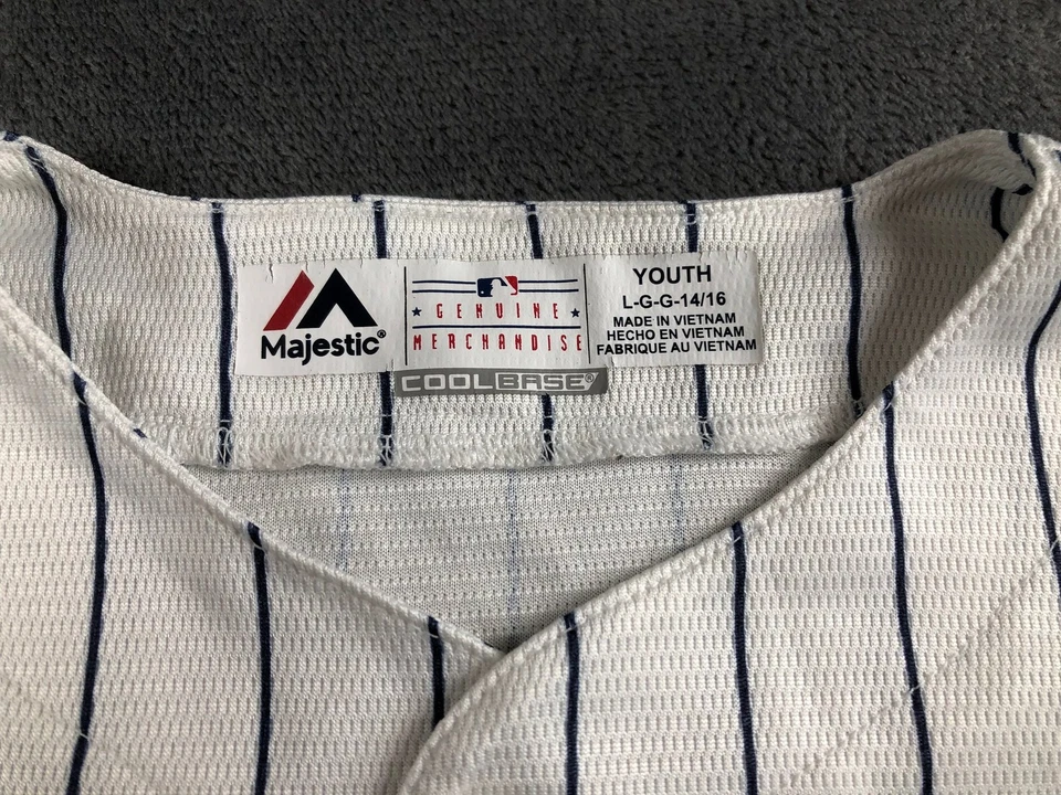 Camiseta deportiva juvenil Majestic Cool Base New York Yankees talla grande 14/16 blanca a rayas - Imagen 4 de 4