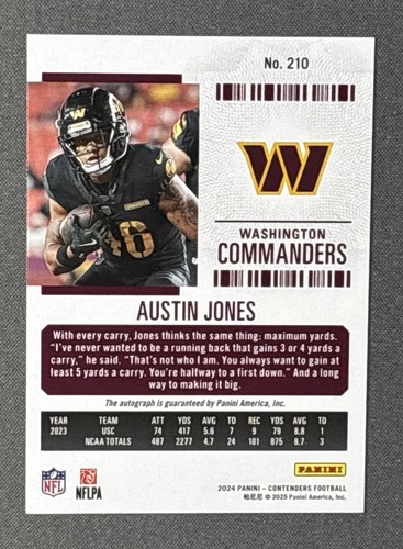 2024 Panini Contenders AUSTIN JONES Commanders Green ROOKIE TICKET Auto #210 - Picture 2 of 2