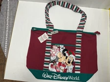 NEW WALT DISNEY  WORLD MICKEY MINNIE MOUSE CHRISTMAS HOLIDAY ZIP CANVAS TOTE BAG