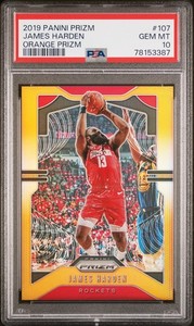 2019 PANINI PRIZM ORANGE PRIZM #107 JAMES HARDEN 36/49 PSA 10