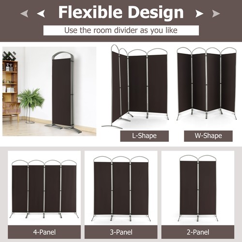 4 Panels Folding Room Divider 6 Ft Tall Fabric Privacy Screen Brown - Picture 6 of 10