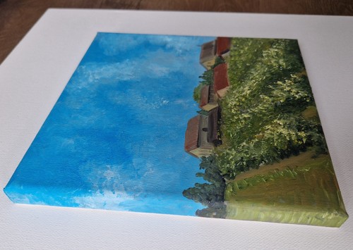 Original oil painting summer landscape Italian village peaceful houses 8x8" - Picture 3 of 5