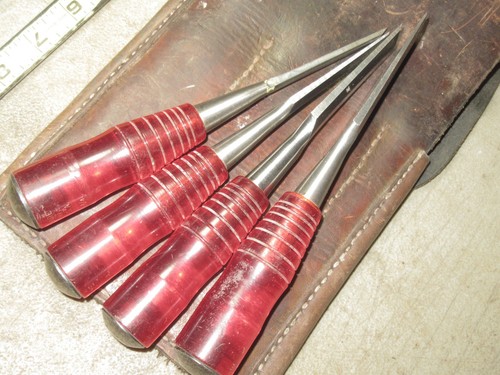 Vtg Millers Falls chisel set of 4 w/user made leather pouch Permaloid handles - Picture 21 of 24