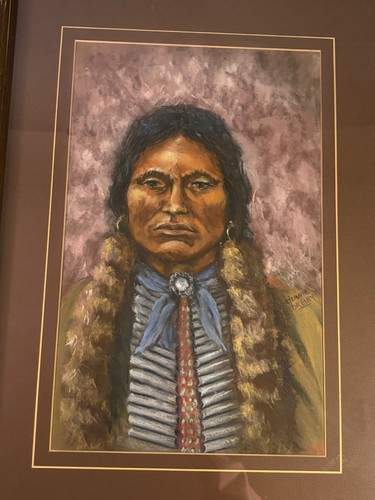 Retrato al óleo pastel hombre nativo americano fondo púrpura Deanie Breiby Montana - Imagen 3 de 18